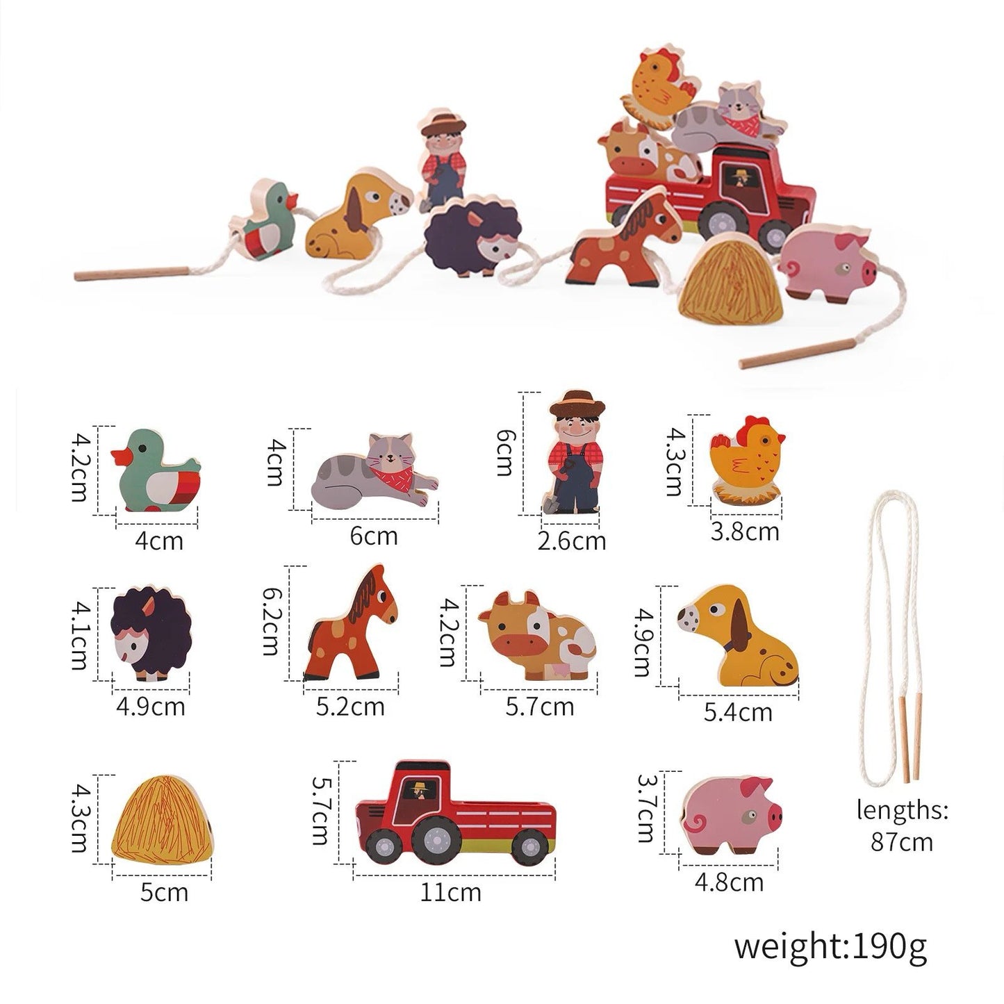 Farm lacing activity wooden toy showing individual piece dimensions rope length and weight for toddler learning material