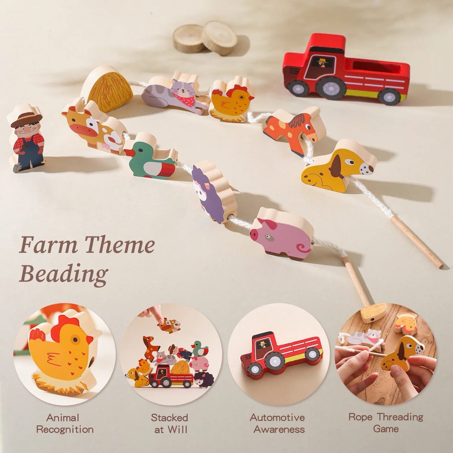 Wooden farm lacing activity set with animals tractor and threading strings for toddler fine motor and sequencing skills