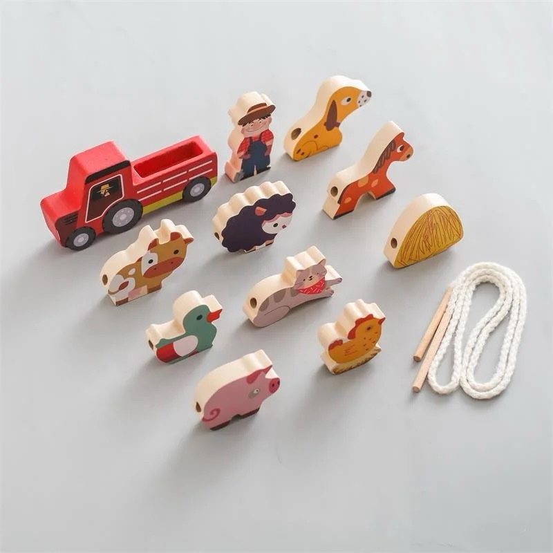 Wooden farm animal and tractor figures for toddler storytelling lacing and fine motor play