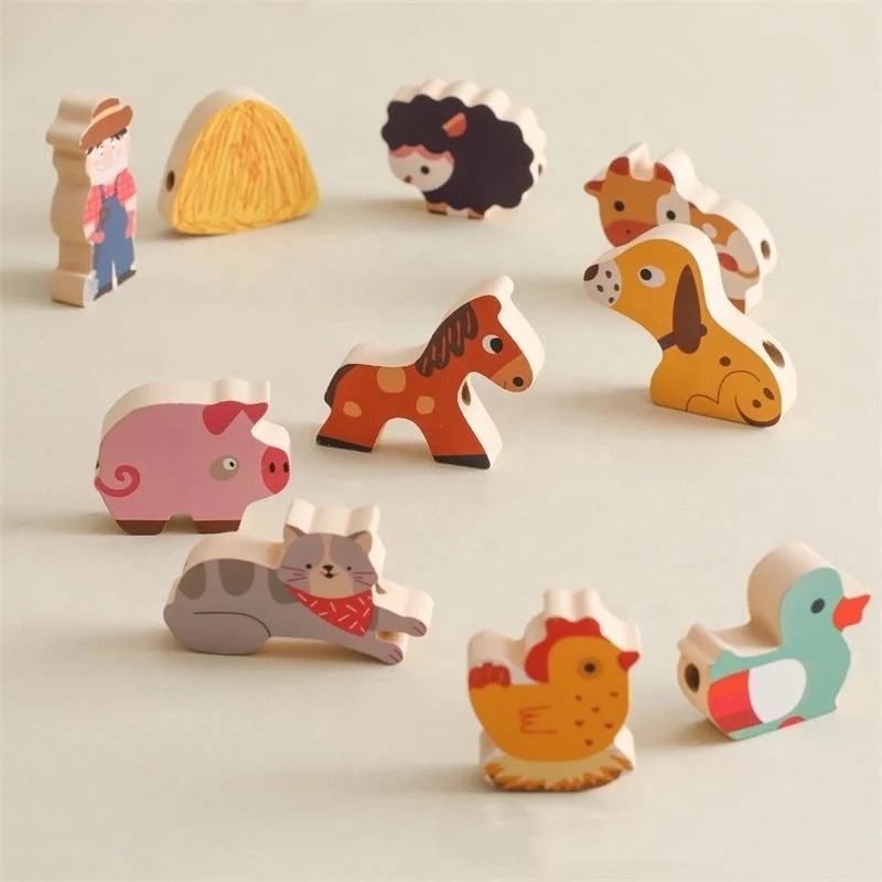 Wooden farm animal figures including horse pig duck and rooster for toddler fine motor and pretend play