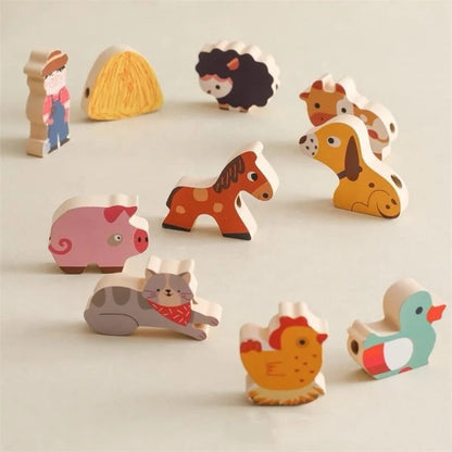 Wooden farm animal figures including horse pig duck and rooster for toddler fine motor and pretend play