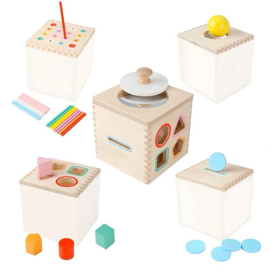 5 in 1 wooden activity cube with coin drop shape sorting stick matching puzzle and mirror drum for toddler fine motor development