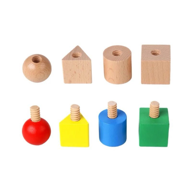 Natural wood geometric screw and nut pieces with threaded bolts for toddler learning activities