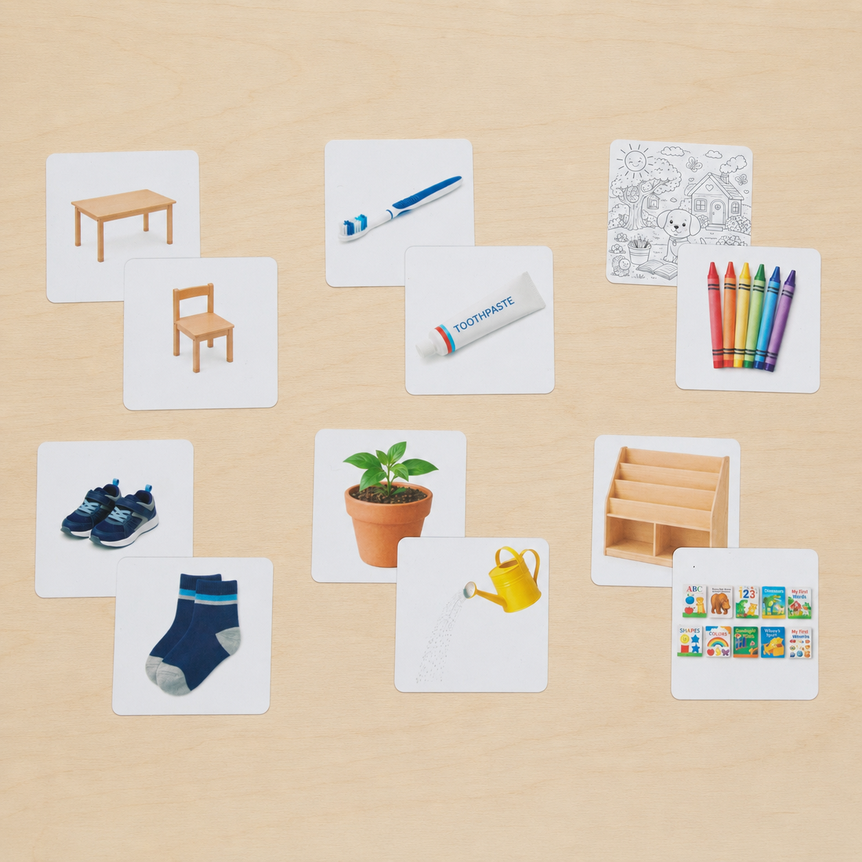 Montessori Go Together matching cards showing table chair toothbrush toothpaste and everyday object pairs