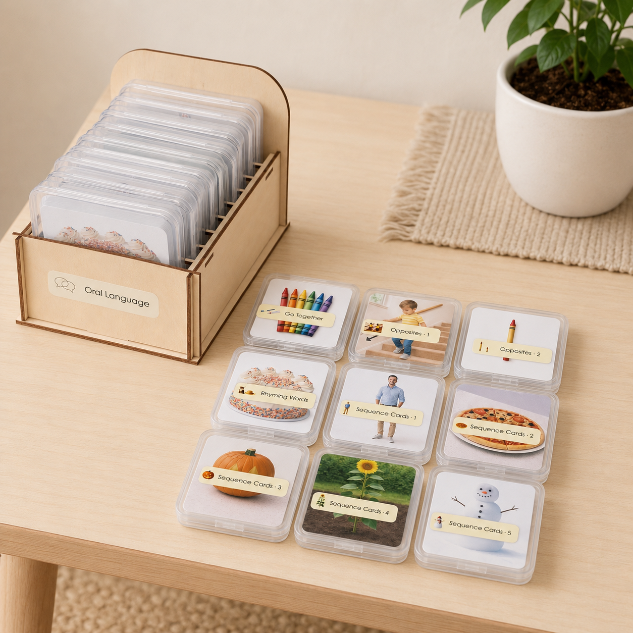Montessori Oral Language Card Set wooden organizer with 9 labeled clear storage boxes on a shelf