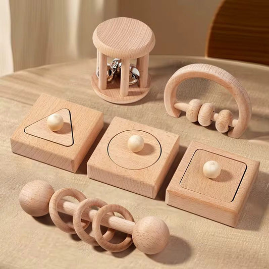 Montessori inspired wooden infant exploration set with six sensory toys for fine motor and early development