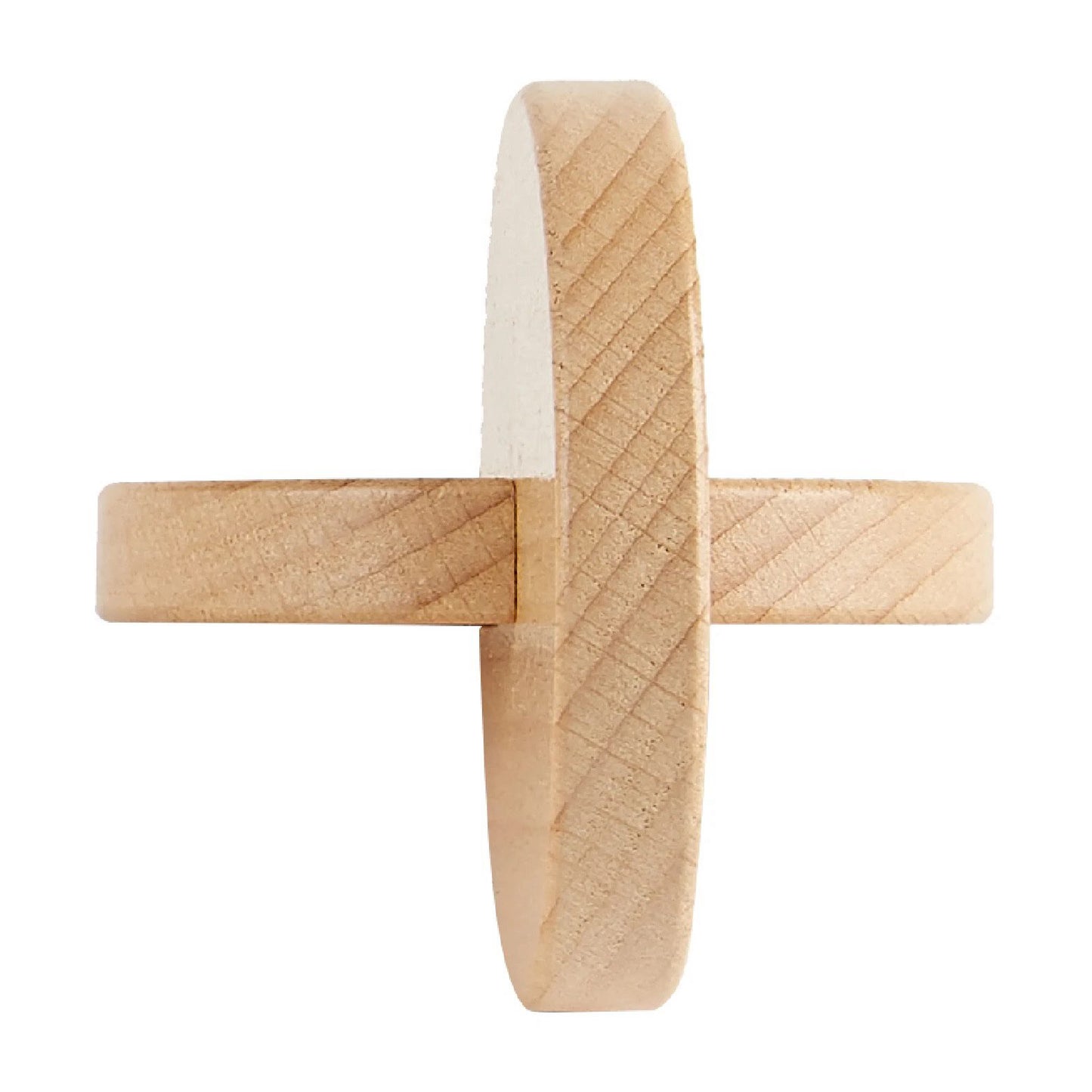 Side view of wooden interlocking discs Montessori grasping toy showing easy grip design for babies