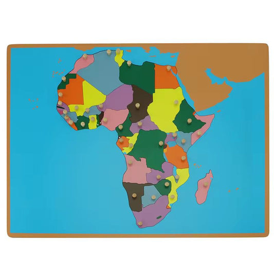 Wooden Montessori Africa puzzle map showing African countries with color-coded pieces on a blue background for geography learning