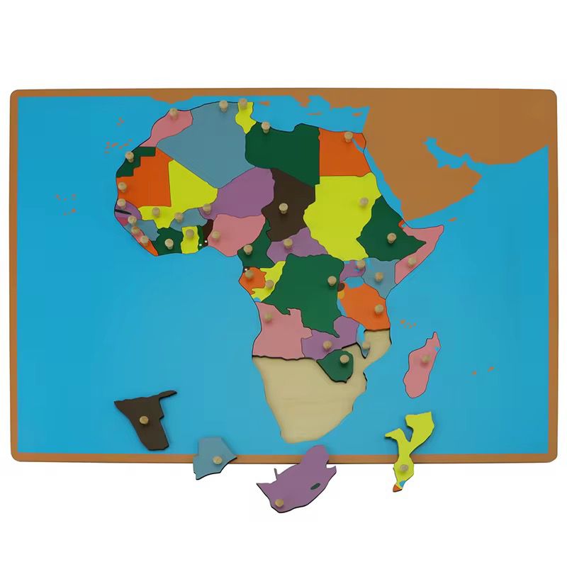 Montessori Africa puzzle map with several country pieces removed to encourage hands-on continent and country exploration