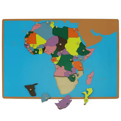 Montessori Africa puzzle map with several country pieces removed to encourage hands-on continent and country exploration