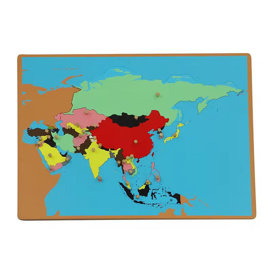 Wooden Montessori Asia puzzle map showing Asian countries with color-coded pieces on a blue background for continent geography learning