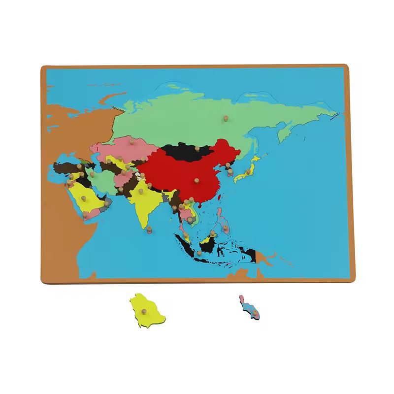 Montessori Asia puzzle map with selected country pieces removed to support hands-on exploration and map-reading skills