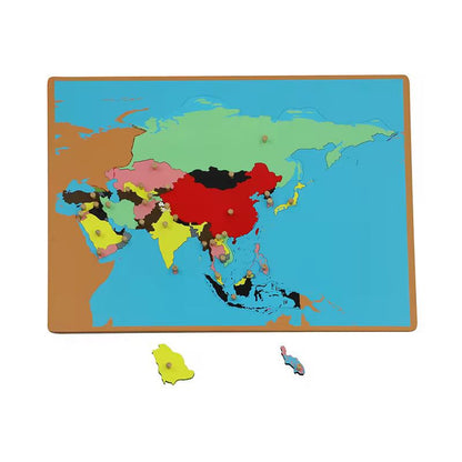 Montessori Asia puzzle map with selected country pieces removed to support hands-on exploration and map-reading skills