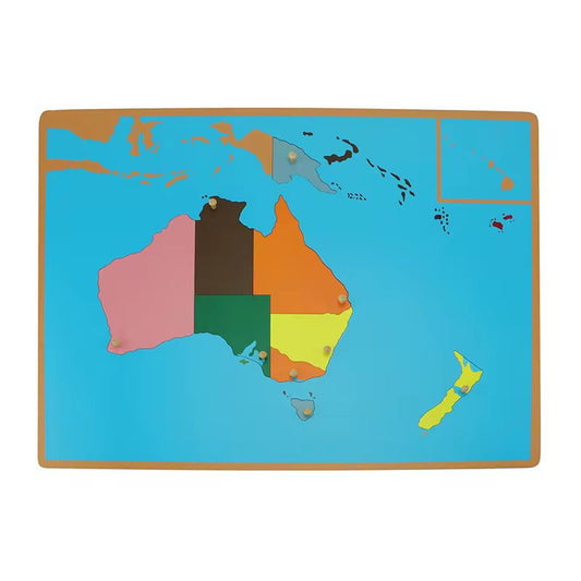 Wooden Montessori Australia puzzle map showing Australian states and territories with color-coded pieces on a blue background