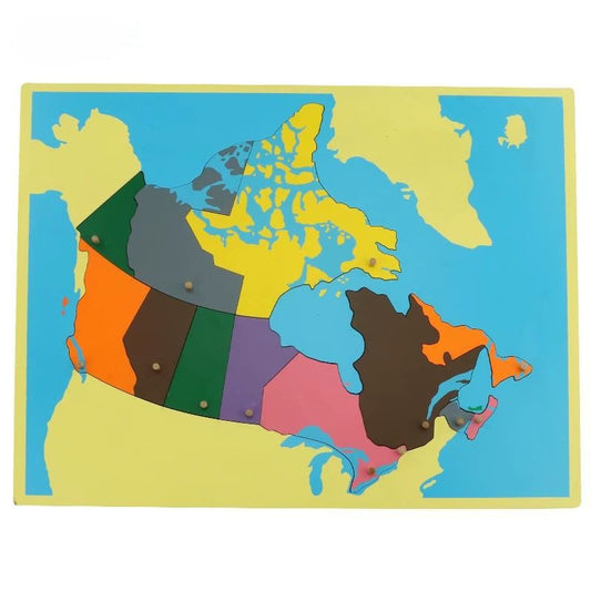 Wooden Montessori Canada puzzle map showing provinces and territories with removable pieces for geography and political studies