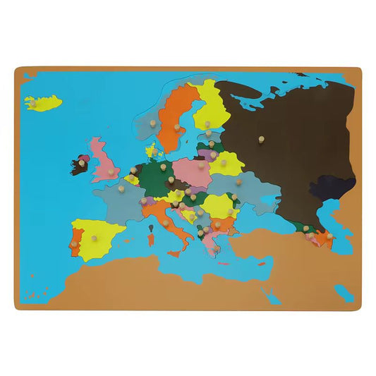 Wooden Montessori Europe puzzle map showing European countries with color-coded pieces on a blue background for geography learning