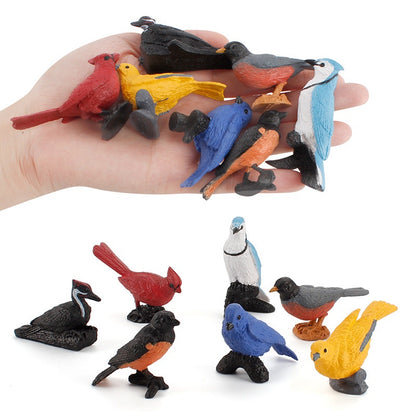 Montessori backyard bird figurines shown in hand for size and tactile learning reference