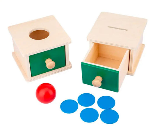 Montessori wooden ball and coin drop object permanence box with dual drawers for toddler fine motor and cognitive development