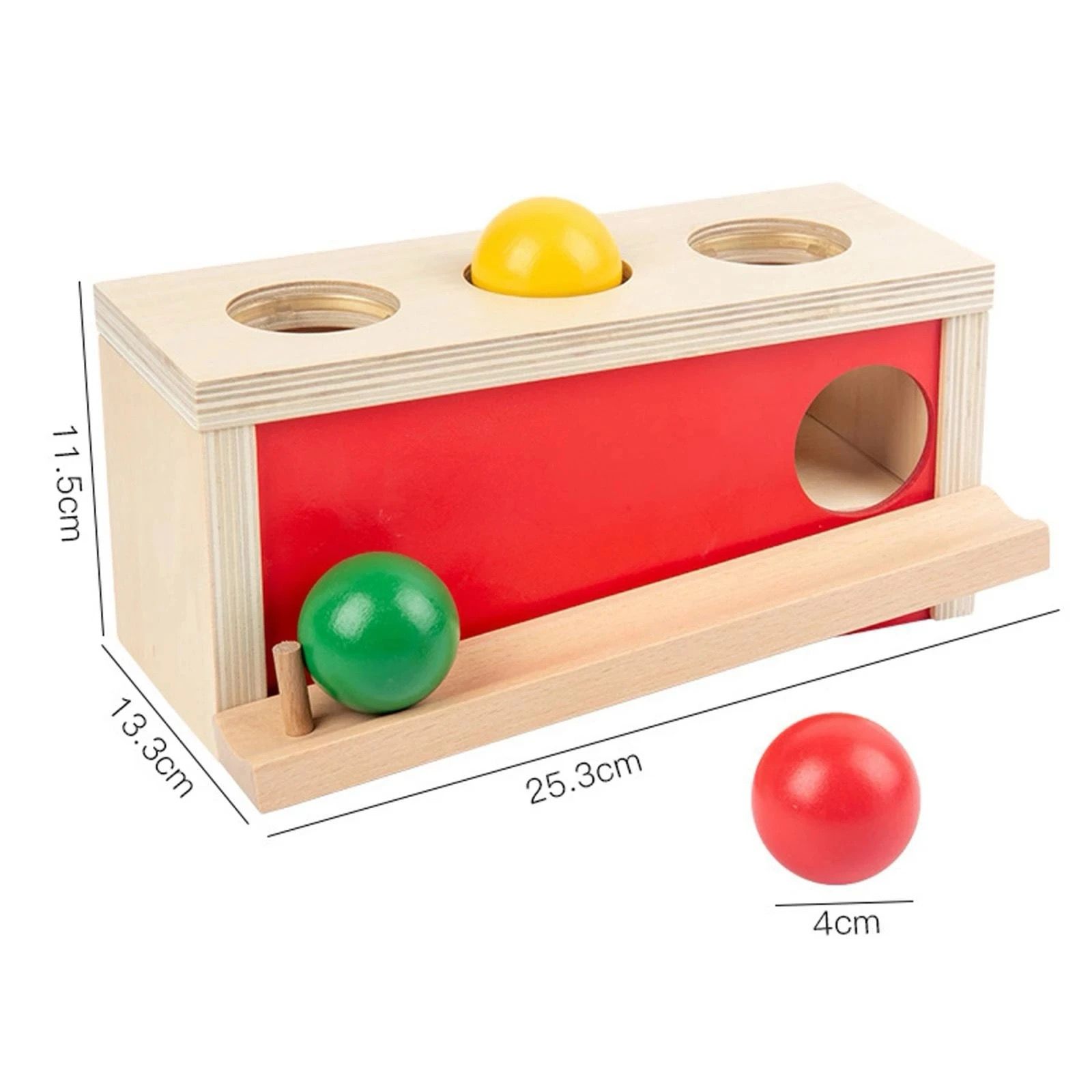 Montessori wooden ball push and slide box showing product dimensions and ball size for infant motor skill activity