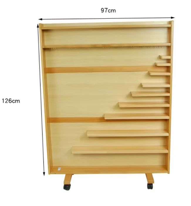 Empty Montessori bead cabinet with shelves, showing dimensions marked as 97 cm width and 126 cm height.