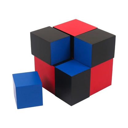 Separated binomial cube blocks showing red, blue, and black wooden pieces arranged in a pattern.
