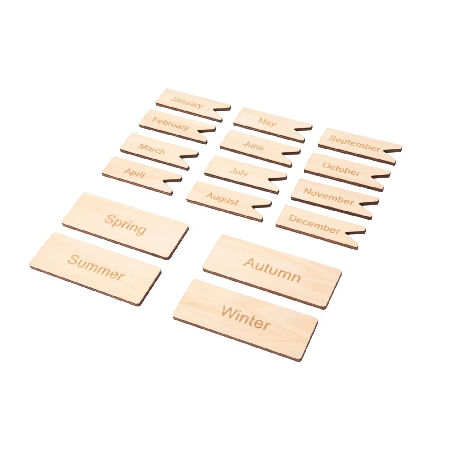 Wooden Montessori month and season labels used for birthday celebration and calendar activities