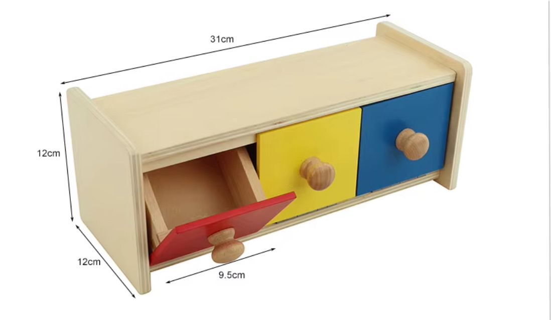 Montessori wooden box with bins showing size dimensions for toddler hand eye coordination material