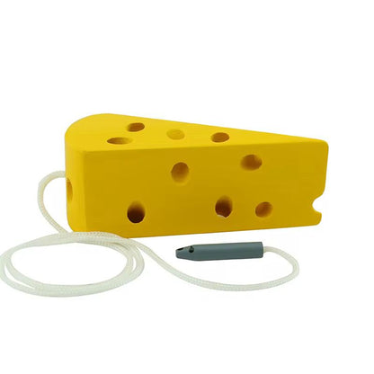 Montessori wooden cheese lacing block with threading cord for toddler fine motor coordination and hand control