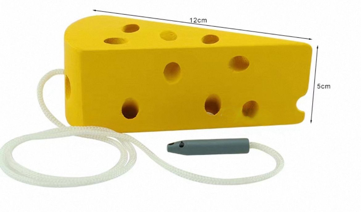 Montessori wooden cheese lacing block showing size dimensions for toddler fine motor and coordination activity