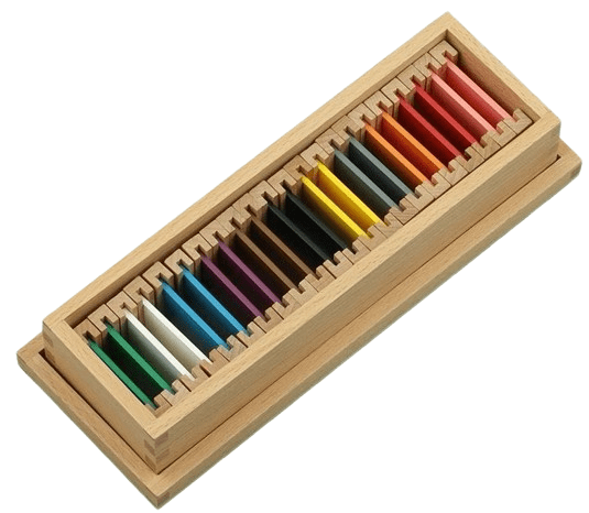 Montessori Color Box 2 with graded color tablets arranged in wooden tray