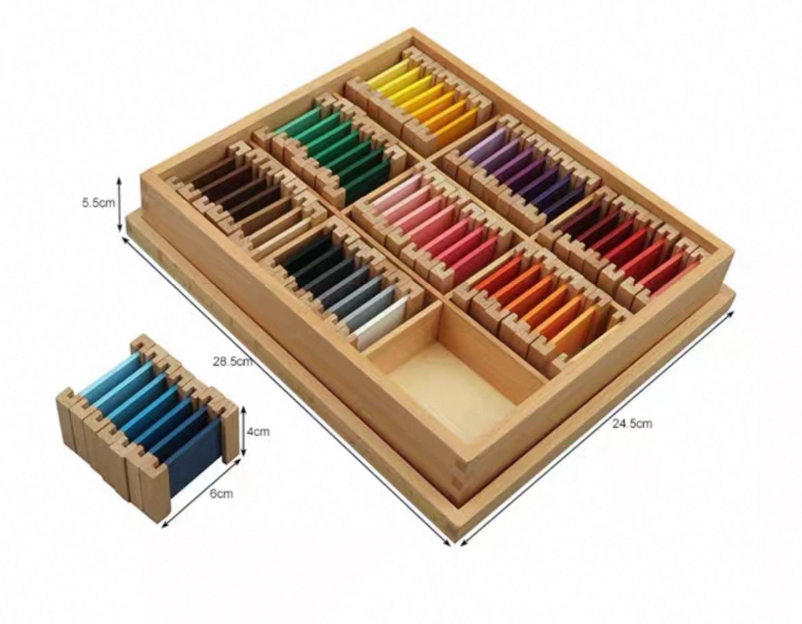 Montessori Color Box 3 wooden tray with individual color tablet size and dimension details shown