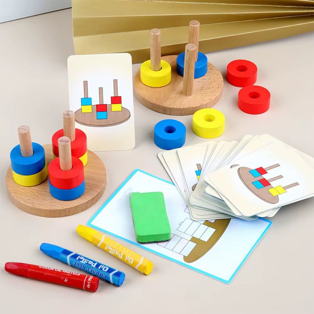 Montessori color stacking and matching activity double set with wooden pegs, rings and control cards for toddler learning