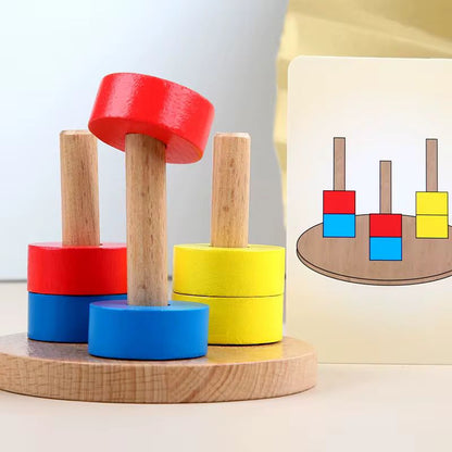 Montessori color stacking activity with red yellow and blue rings matched to pattern card for toddler problem solving