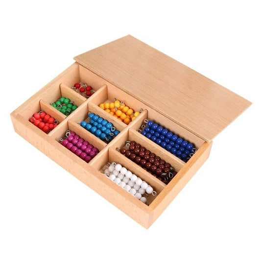 Wooden Montessori bead box opened to show colorful bead bars from 1 to 9 arranged neatly in compartments.