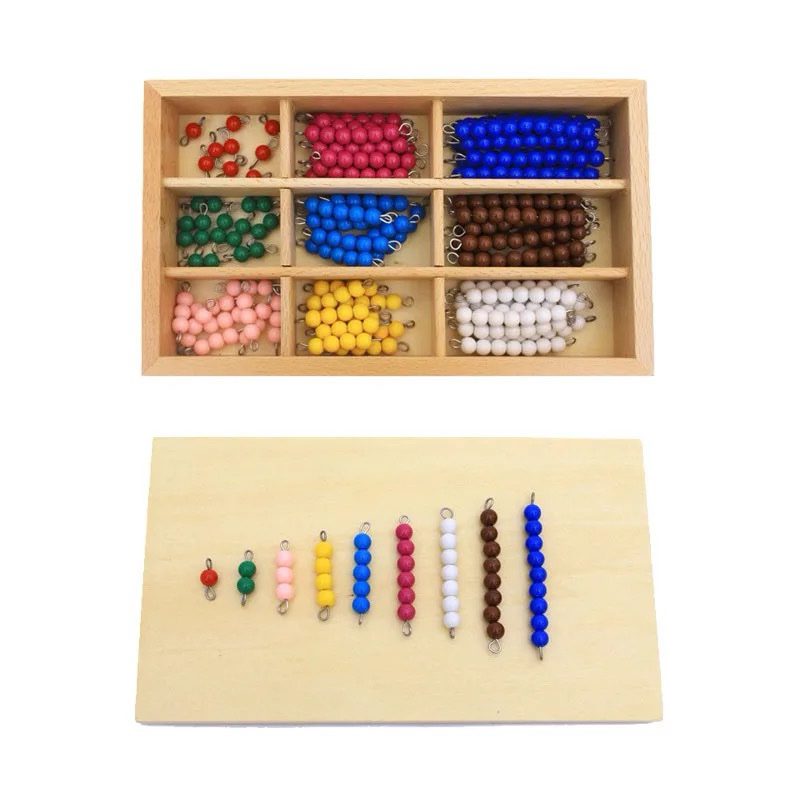 Montessori bead bars in different colors displayed outside their wooden box, arranged in ascending order from 1 to 9