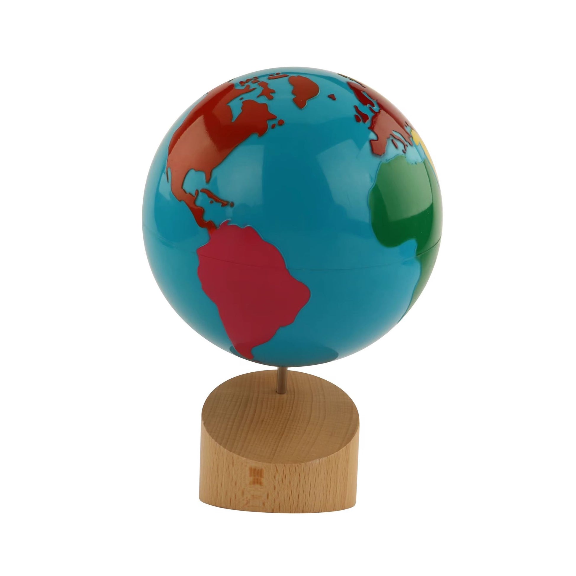 Montessori colored globe front view displaying North and South America using standard Montessori continent colors