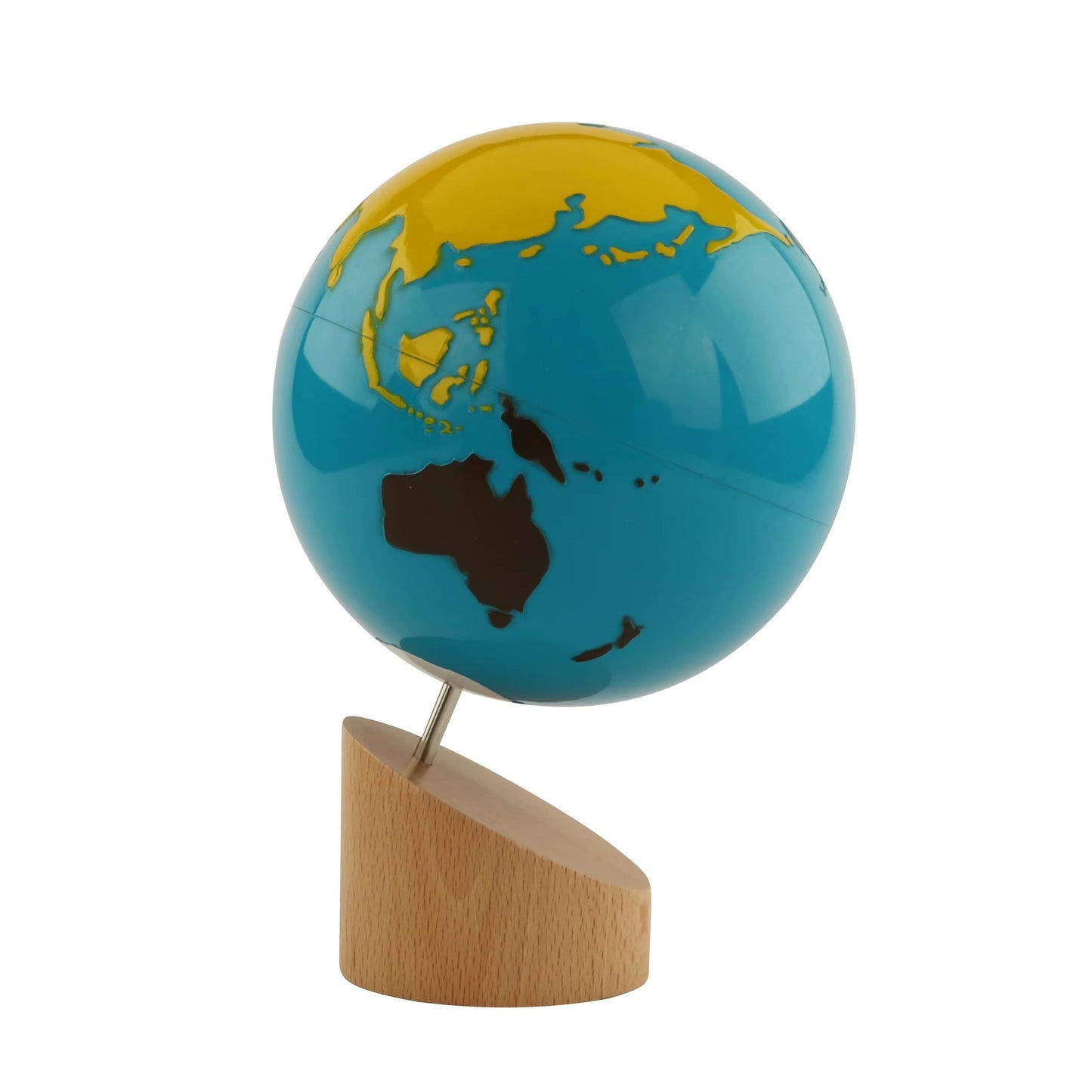 Montessori colored globe showing Asia and Australia with standard continent color coding mounted on a wooden base