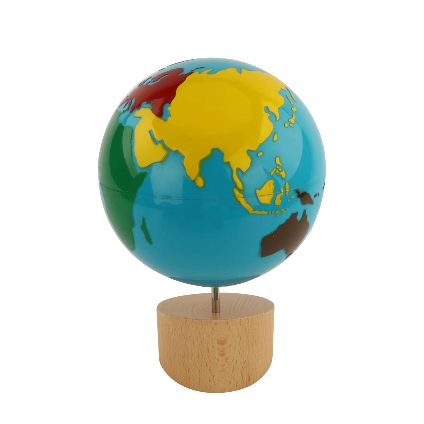 Montessori colored globe centered on Asia showing Europe, Africa, and surrounding regions with traditional continent colors