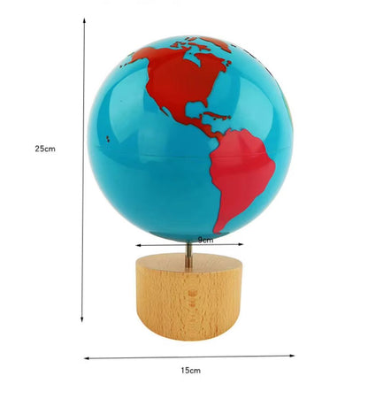 Montessori colored globe with size and dimension markings indicating globe height, base diameter, and overall measurements