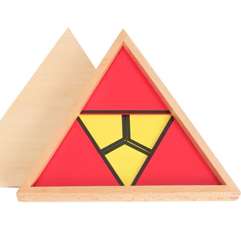 Montessori constructive triangles red and yellow box showing assembled triangular geometric design.