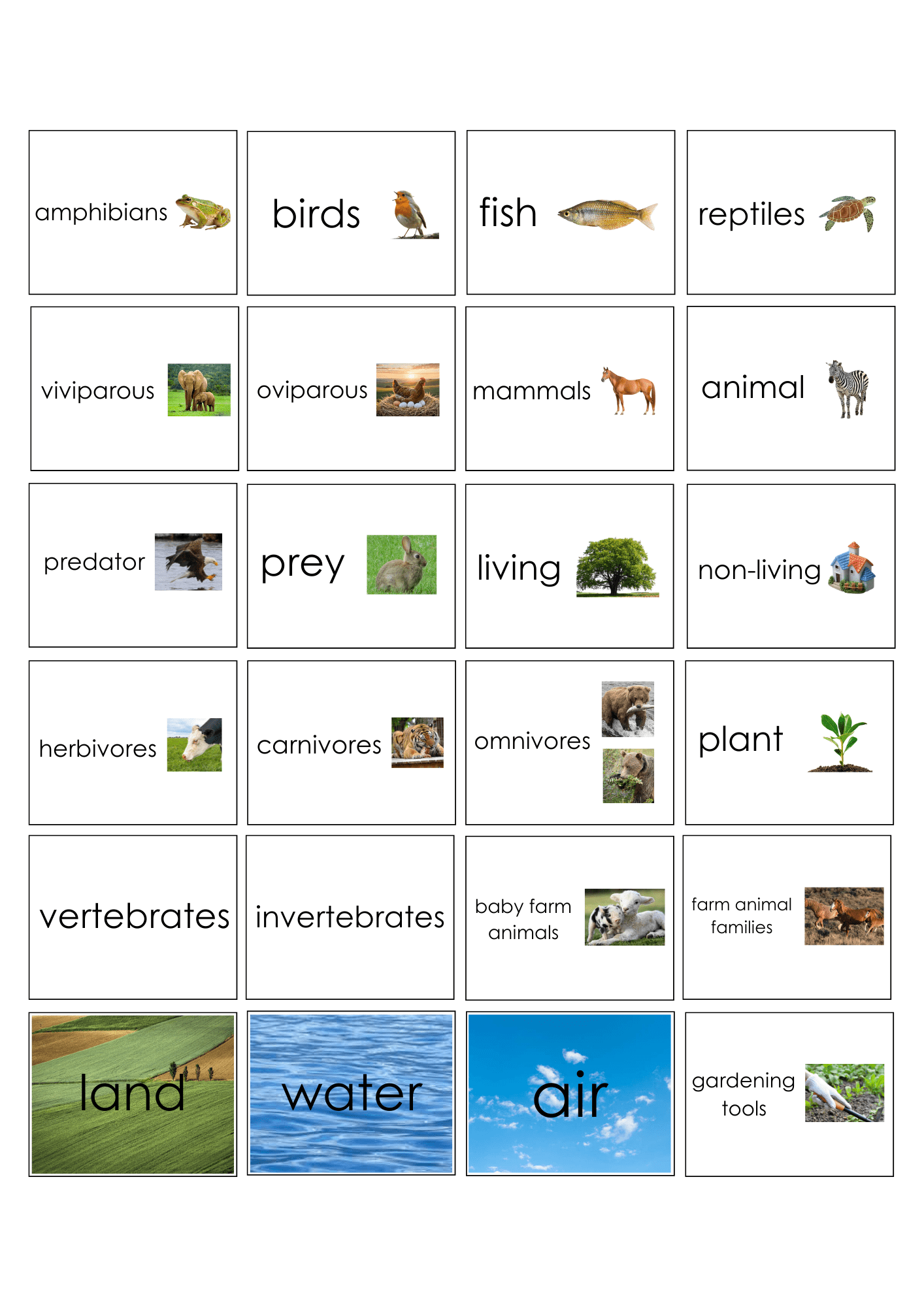Printable Montessori culture pouch labels showing living and non-living things, animals, plants, habitats, and classification cards for early learning