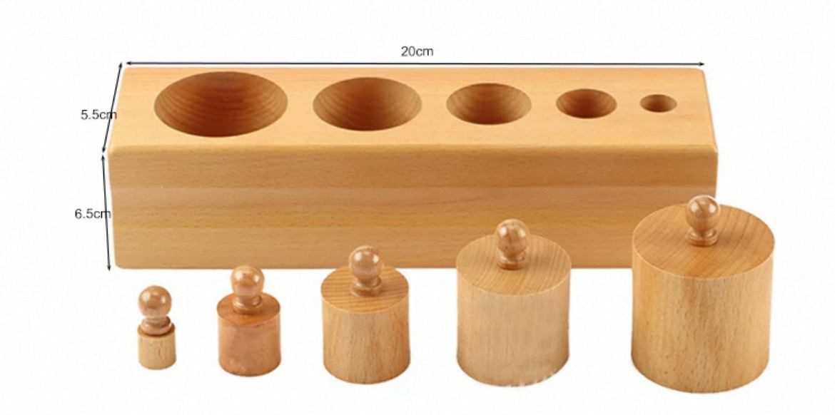 Montessori wooden cylinder blocks showing size dimensions for toddler sensorial hand and visual discrimination