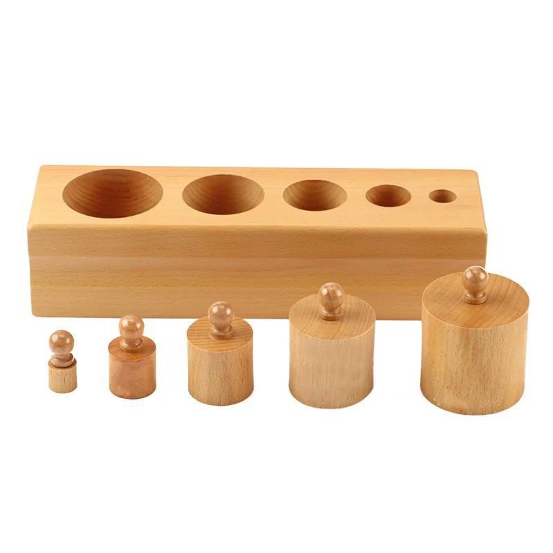 Montessori wooden cylinder blocks with increasing diameter for sensorial size and dimension discrimination