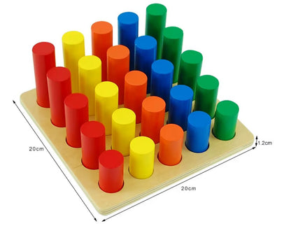 Montessori cylinder ladder puzzle showing size dimensions and graded colored wooden cylinders on board