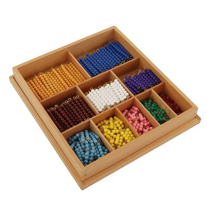 Montessori Decanomial Box with 55 colorful bead bars for teaching multiplication and number patterns.