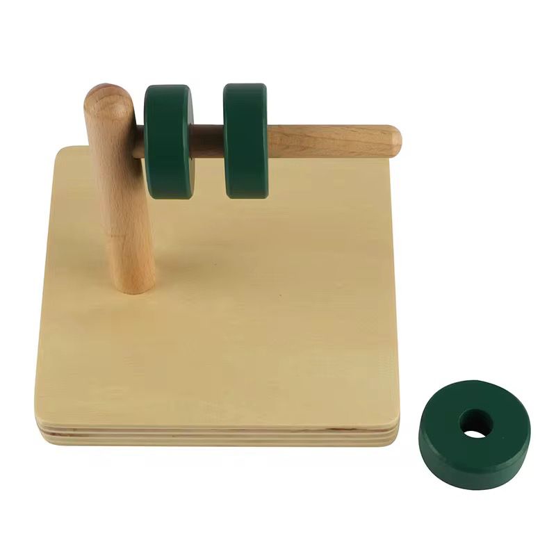 Montessori horizontal dowel with removable wooden discs for toddler fine motor development and object control