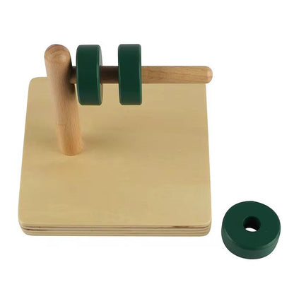 Montessori horizontal dowel with removable wooden discs for toddler fine motor development and object control