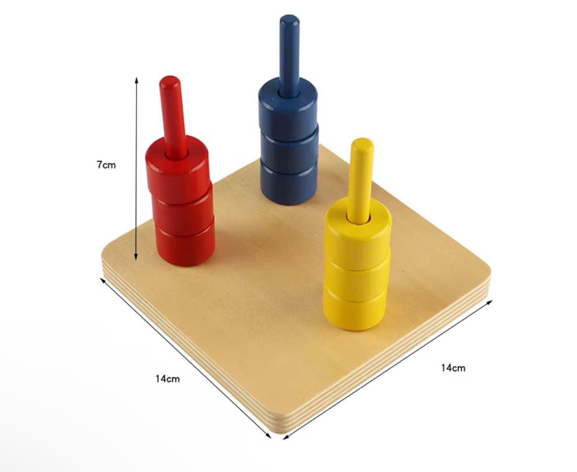 Montessori three colored dowels stacking set showing size dimensions for toddler hand eye coordination and motor control