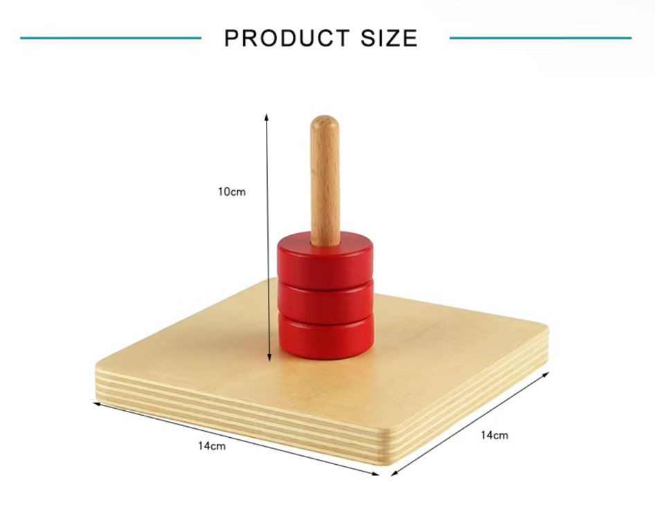 Montessori discs on vertical dowel showing size dimensions for toddler fine motor coordination and hand control