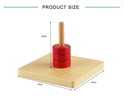 Montessori discs on vertical dowel showing size dimensions for toddler fine motor coordination and hand control